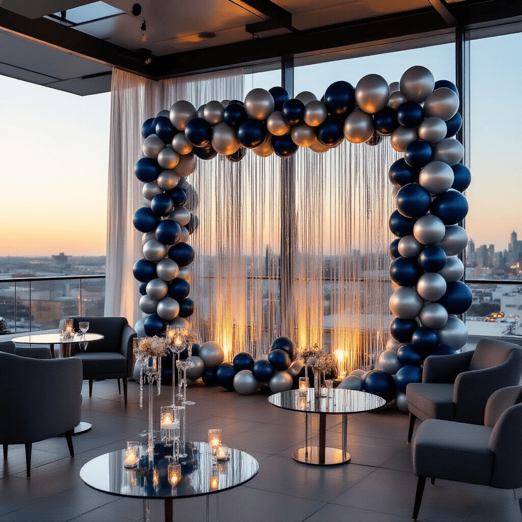 Where to Find the Best Party Balloons in Canada (Without Losing Your Mind) Moody detail of an upscale corporate rooftop event at golden hour, showcasing a balloon installation wall with jumbo letter balloons and cascading navy and silver garlands, glass-topped cocktail tables with floating foil balloons, modern charcoal gray furniture, and sheer drapery framing the city skyline.