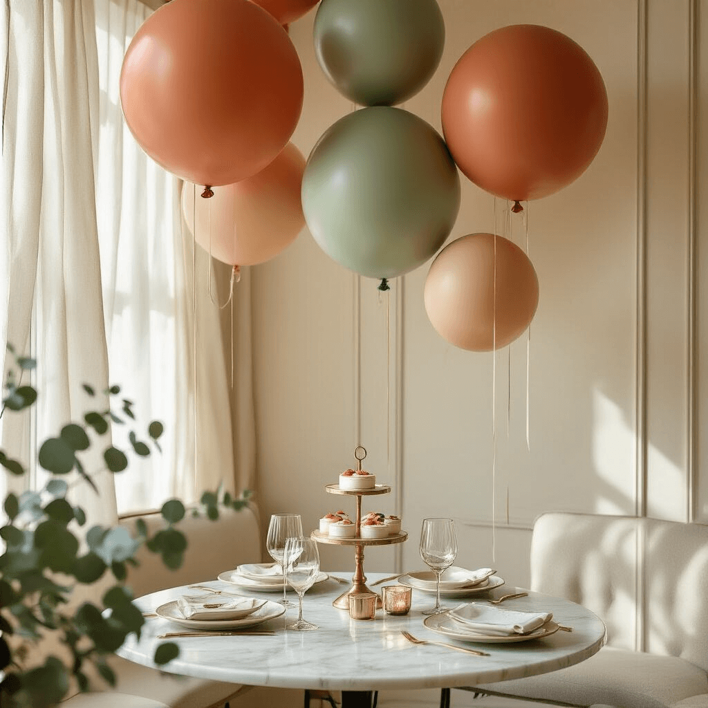 How to Hang Balloons for Events Without Losing Your Mind (Or Your Security Deposit) Close-up of an intimate dining nook adorned for a birthday celebration, featuring sophisticated terracotta and sage balloons hanging from ceiling beams, a marble-topped bistro table set for two with delicate china, gold-rimmed glassware, and a tiered cake on a brass stand, illuminated by soft morning light filtering through sheer curtains.