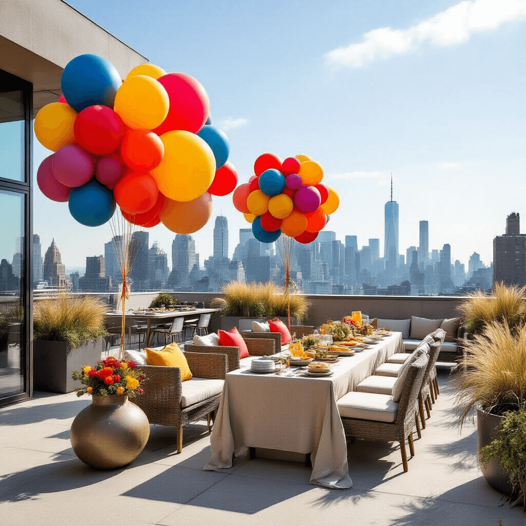 How to Hang Balloons for Events Without Losing Your Mind (Or Your Security Deposit) A vibrant rooftop terrace party with bold balloon installations against a city skyline, featuring contemporary neutral-toned outdoor furniture, a communal buffet table, and dynamic layers of ornamental grasses in industrial planters under midday sunlight.