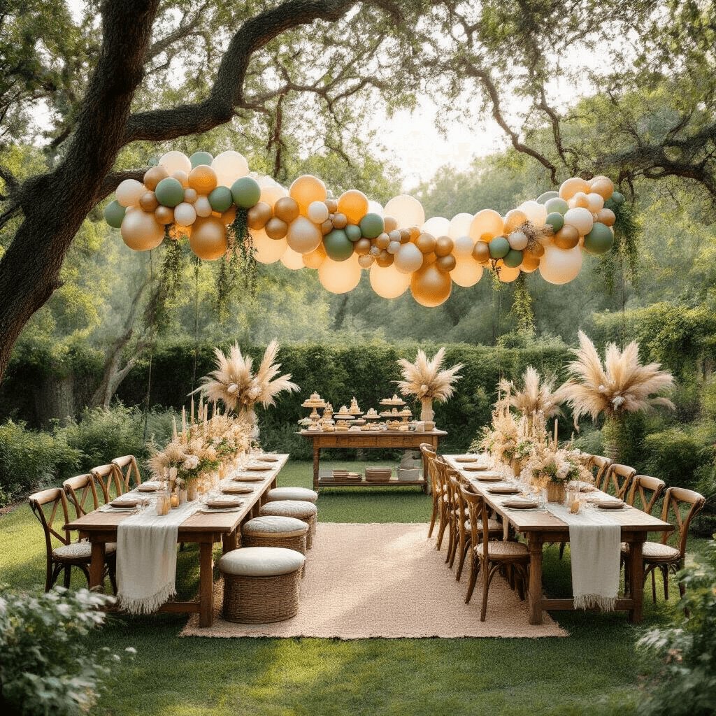 Bridal Shower Balloons: The Ultimate Guide to Creating an Unforgettable Celebration A whimsical garden bridal shower setup featuring a balloon garland canopy in sage green, champagne gold, and cream tones, with long wooden farm tables, vintage chairs, and floor cushions, set in soft morning light. Balloon bouquets mark activity stations, including a rustic dessert cart with fairy lights, surrounded by organic balloon clusters and pampas grass.