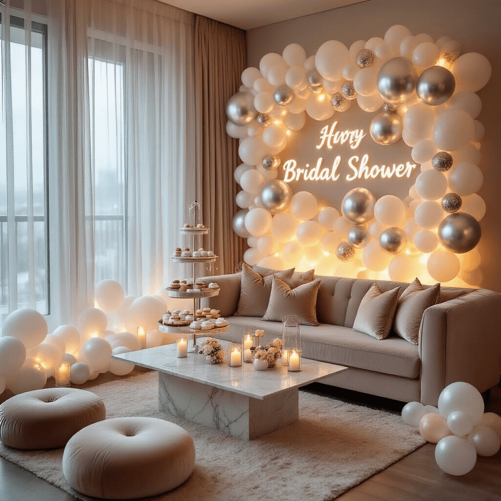 Bridal Shower Balloons: The Ultimate Guide to Creating an Unforgettable Celebration Close-up of a modern apartment living room set for an intimate bridal shower, featuring a monochromatic white and silver balloon installation, plush blush velvet floor cushions, a low marble coffee table, and warm string lights illuminating the space.