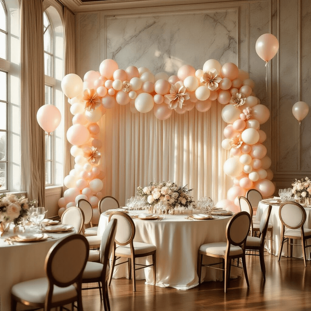 Balloons with Bows: The Party Decoration That Makes Everything Look Like You Tried (Even When You Didn't) Elegant indoor ballroom decorated for a celebration, featuring a balloon garland backdrop, round tables with silk linens and tiered balloon centerpieces, and soft natural light streaming through tall windows.