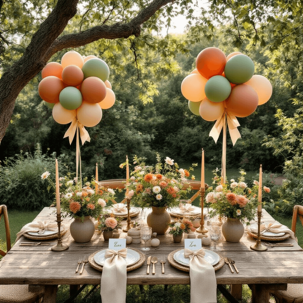 Balloons with Bows: The Party Decoration That Makes Everything Look Like You Tried (Even When You Didn't) Overhead view of a cozy garden party setup with reclaimed wood tables, featuring terracotta and sage green bow balloons, wildflower arrangements in ceramic vases, vintage brass candlesticks, and personalized place cards, all illuminated by soft morning light.