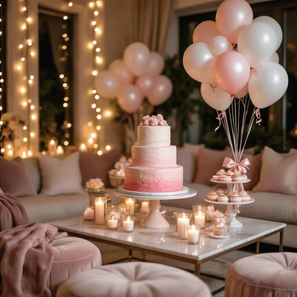 Balloons with Bows: The Party Decoration That Makes Everything Look Like You Tried (Even When You Didn't) Close-up detail of a whimsical coquette-themed birthday celebration featuring a pink ombre cake on a dessert cart, surrounded by balloon bouquets with satin bows, fairy lights, pearl accents, and velvet cushions, all illuminated by candlelight for a cozy, enchanting atmosphere.