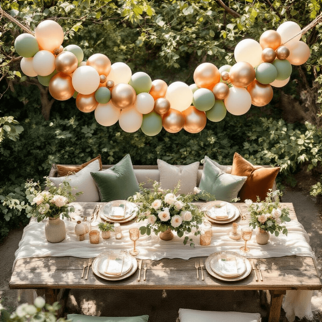 Rose Gold Balloons: Everything You Need to Know for Your Next Celebration Overhead flat lay of a serene garden party setup with an organic rose gold, sage green, and ivory balloon garland, rustic wooden tables, low picnic-style seating on velvet cushions, fresh eucalyptus and white florals in ceramic vases, and gold-rimmed glassware, all illuminated by soft morning light.