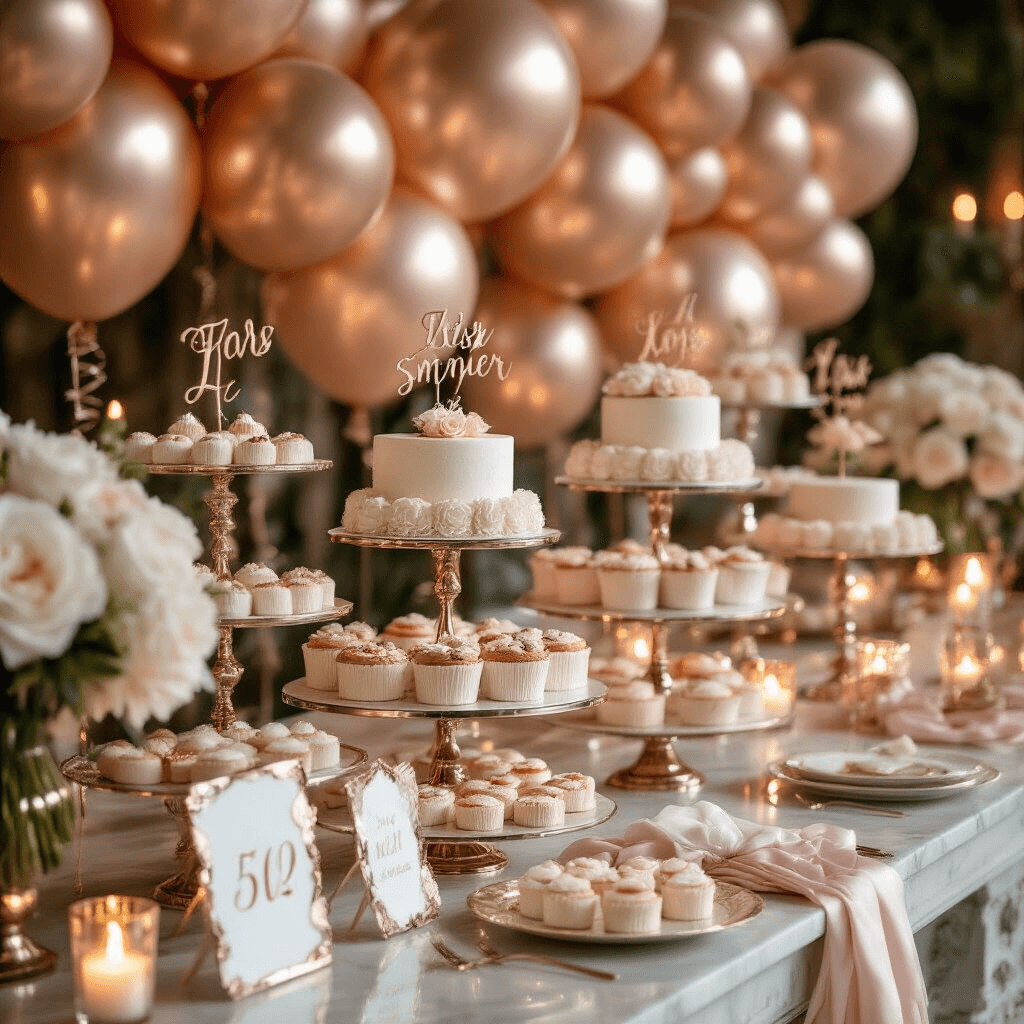 Rose Gold Balloons: Everything You Need to Know for Your Next Celebration Close-up of a luxurious bridal shower dessert table with a mirror-like backdrop of chrome rose gold balloons, tiered cake stands with delicate pastries, fresh white peonies, and crystal candelabras, all in a blush pink and cream color palette.