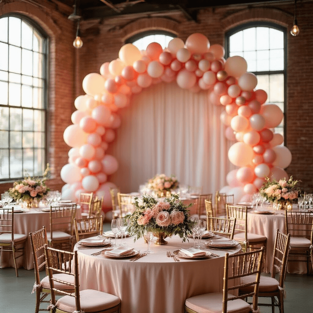 Pink Balloons: Everything You Need to Know About Choosing, Using, and Creating Magic A luxurious ballroom adorned with a gradient pink balloon garland, blush silk table linens, and elegant place settings, illuminated by golden hour sunlight and string lights, featuring exposed brick walls and a dramatic color-blocked balloon arch.