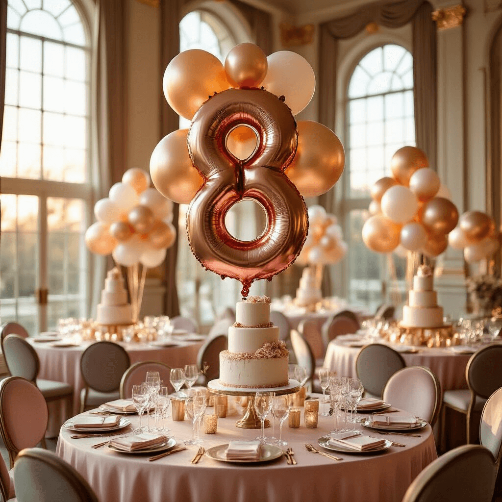 Foil Balloons: Everything You Need to Know About These Party-Perfect Decorations A luxurious indoor ballroom illuminated by golden hour light, featuring an elegant birthday celebration with rose gold foil number balloons, blush pink silk table linens, mixed balloon garlands, crystal glassware, tiered cakes, and velvet-cushioned chairs, all creating a grand yet intimate atmosphere.