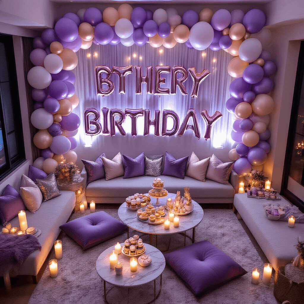 Foil Balloons: Everything You Need to Know About These Party-Perfect Decorations A cozy candlelit living room for an intimate birthday celebration, featuring low tables with lavender and silver cushions, balloon garlands, giant foil letter balloons, themed character foil balloons, jewel-toned velvet cushions, marble coffee tables with desserts, and personalized signage, all captured from an overhead angle.