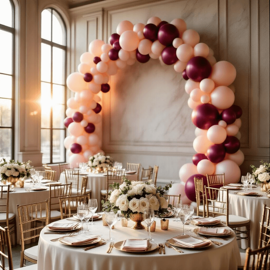 How to Create a Stunning Balloon Arch Backdrop That Won't Make You Want to Pop Cinematic wide-angle shot of an elegant ballroom featuring a blush pink to burgundy balloon arch, marble accents, and softly lit tables adorned with white roses, eucalyptus, and crystal stemware, all enhanced by golden hour sunlight and crystal chandeliers.