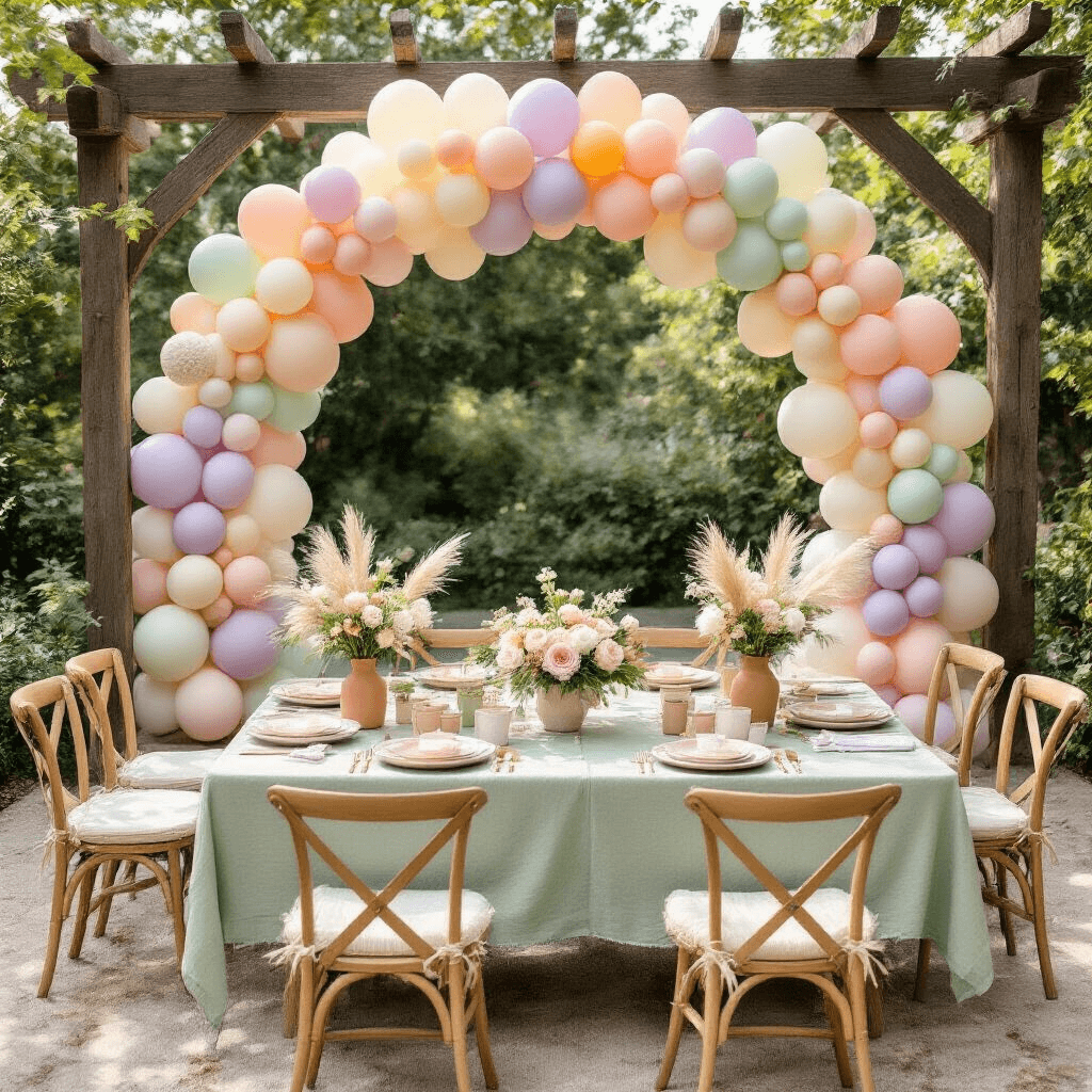 How to Create a Stunning Balloon Arch Backdrop That Won't Make You Want to Pop Whimsical outdoor garden baby shower setup featuring a pastel rainbow balloon arch, rustic wooden pergola, low picnic tables with sage green runners, fresh white peonies, vintage wooden high chairs, and a dessert cart with a two-tier naked cake. Soft morning light filters through the foliage, creating a dreamy ambiance.
