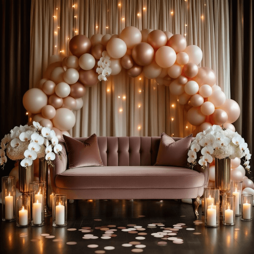 First Birthday Balloons: The Complete Guide to Making Your Baby's Big Day Picture-Perfect A moody close-up of a luxurious ballroom first birthday setup featuring velvet cushions, low brass tables, cascading blush and cream balloons, pillar candles casting shadows, white orchids in crystal vases, and a sophisticated balloon wall with fairy lights, all set against dark wood flooring scattered with rose gold confetti and elegant gift boxes.