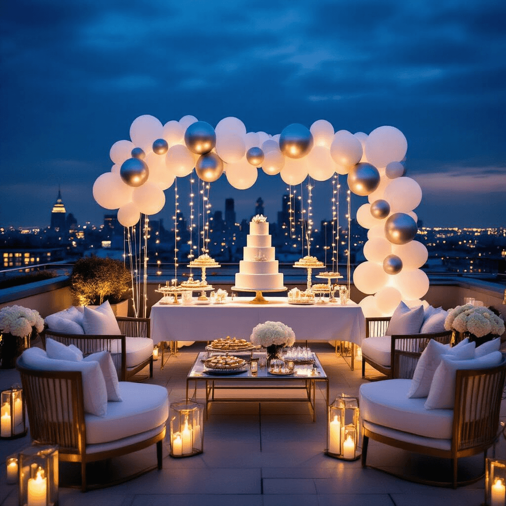 First Birthday Balloons: The Complete Guide to Making Your Baby's Big Day Picture-Perfect A luxurious rooftop terrace birthday celebration featuring modern furniture, elegant decor with white linens and gold accents, a stunning balloon installation, a three-tier fondant cake, and ambient lighting from LED candles and string lights against a city skyline backdrop.