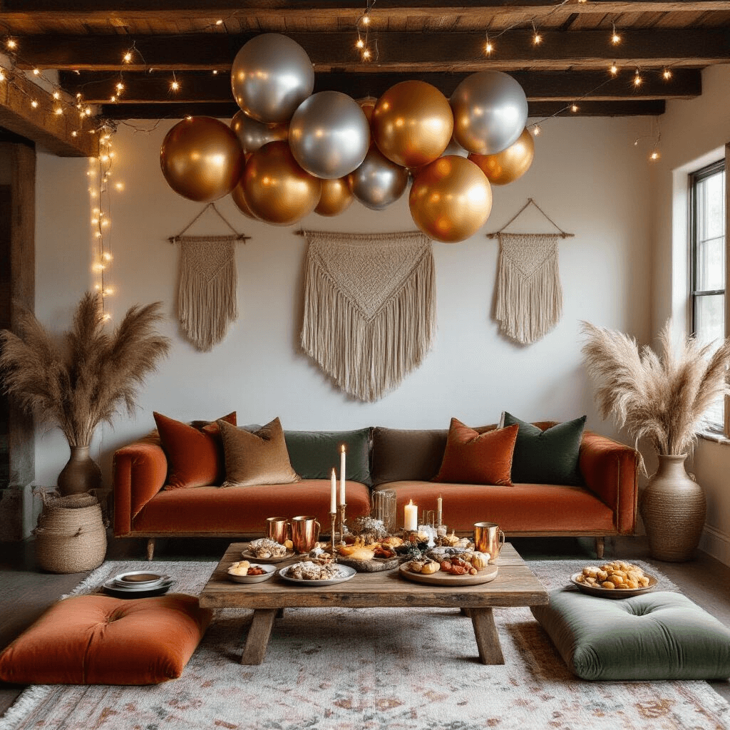 What Kind of Balloons Float: Your Complete Guide to Choosing the Right Party Balloons Overhead flat lay of a cozy living room celebration with metallic silver and gold Orbz balloons above terracotta and sage green plush cushions around a reclaimed wood coffee table. Fairy lights on wooden beams and flickering pillar candles create ambiance, while a rustic charcuterie board, ceramic plates, and copper mugs adorn the table. Macrame wall hangings, pampas grass vases, and personalized brown kraft party favors add a warm, inviting touch.