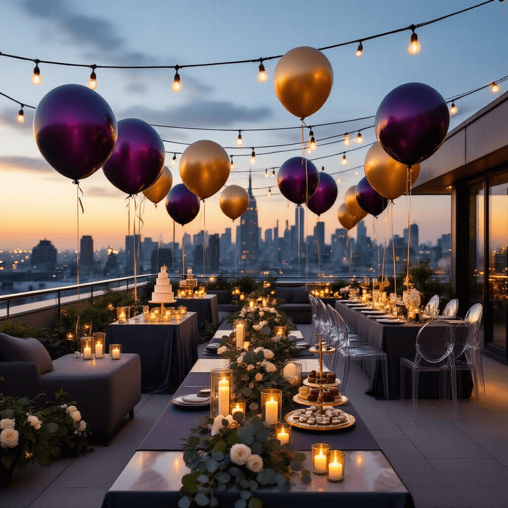 What Kind of Balloons Float: Your Complete Guide to Choosing the Right Party Balloons Cinematic rooftop terrace party with elegant jewel-tone balloons, sleek modern furniture, warm string lights, city skyline at twilight, contemporary ghost chairs, charcoal gray tables with gold runners, luxurious centerpieces, and a stunning dessert station.