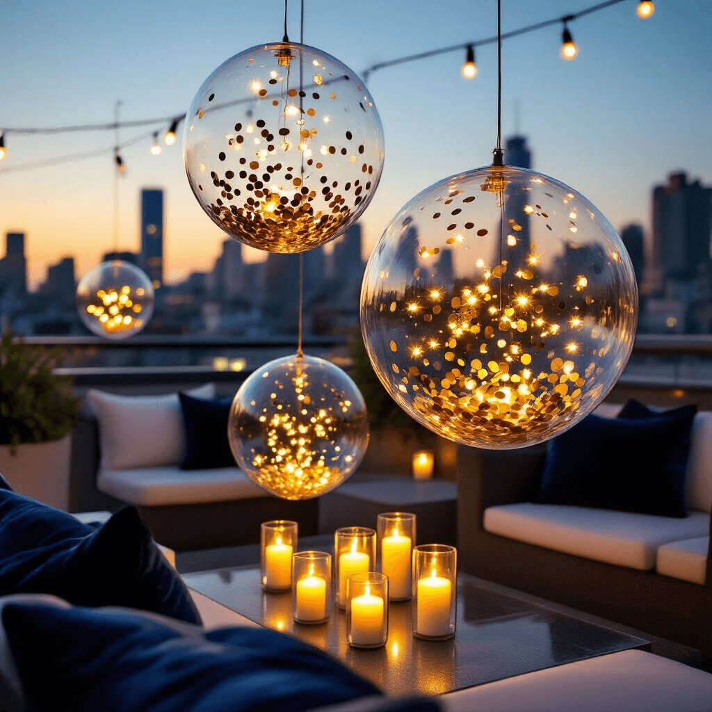 Bubble Balloons: The Complete Guide to Creating Show-Stopping Party Decorations Close-up of a modern rooftop terrace birthday celebration at night, featuring glowing 24-inch bubble balloons filled with confetti, contrasted against a city skyline, surrounded by candlelight, sleek charcoal and white furniture, and elegant deep navy cushions.