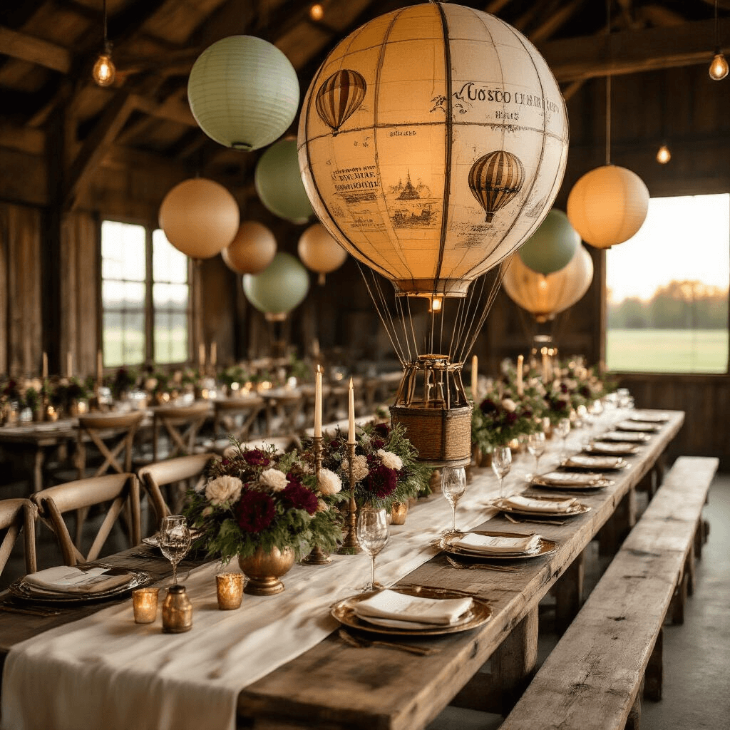 Hot Air Balloon Home Decor: Transform Your Space Into a Whimsical Wonderland Elegant vintage hot air balloon birthday party setup in a rustic barn, featuring wooden tables with cream linen runners, sepia-toned balloon centerpieces, and muted jewel-toned paper lanterns hanging from beams, all bathed in warm golden hour light.