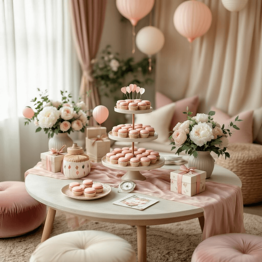 Hot Air Balloon Home Decor: Transform Your Space Into a Whimsical Wonderland Intimate hot air balloon themed baby shower setup in a cozy living room, featuring a blush pink and cream color palette, tiered cake stands with balloon-shaped macarons and cupcakes, low floral arrangements, scattered vintage postcards, and decorative gift boxes, all illuminated by soft morning light and delicate fairy lights.