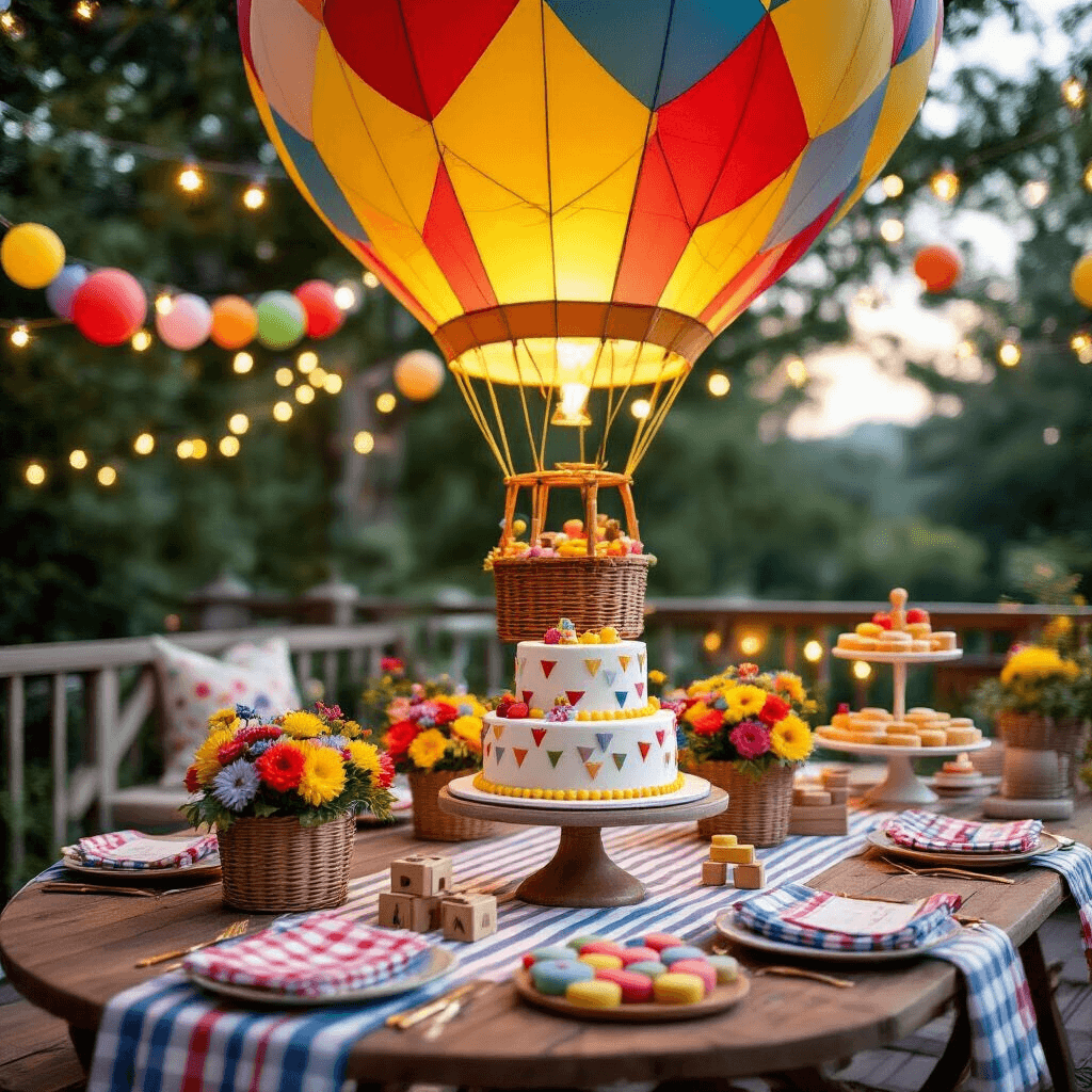 Hot Air Balloon Home Decor: Transform Your Space Into a Whimsical Wonderland A whimsical birthday party scene featuring a hot air balloon theme on a terrace, with picnic-style tables adorned in red, yellow, and blue textiles, colorful flower centerpieces, vintage toy airplanes, and a three-tier cake on a wooden stand, all under string lights and framed by paper balloon garlands.