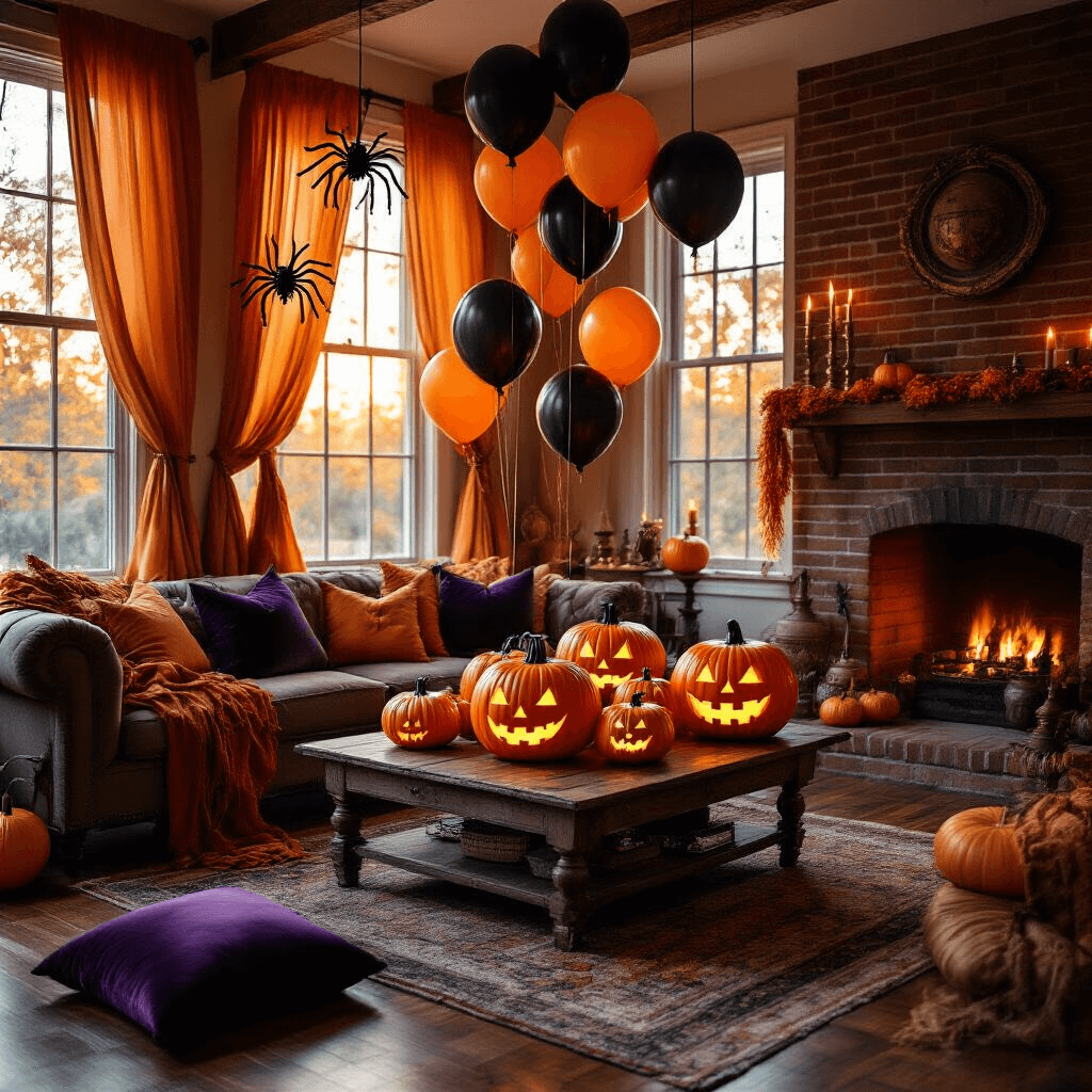 Halloween Balloon Decorations: Transform Your Space Without Breaking the Bank (Or Your Sanity) Wide-angle view of a cozy living room decorated for Halloween, featuring balloon pumpkins, black balloon spiders, warm amber lighting, and plush purple cushions, creating an intimate autumn atmosphere.