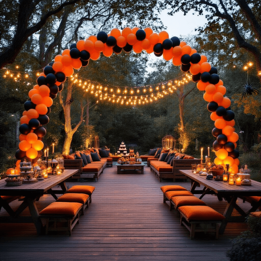 Halloween Balloon Decorations: Transform Your Space Without Breaking the Bank (Or Your Sanity) Cinematic wide shot of a spacious backyard Halloween celebration featuring dramatic balloon columns, a garland archway of orange and black balloons over picnic tables, cozy seating with floor cushions, a tiered cake display, sheer purple drapery with balloon spiders, and warm lighting creating a magical atmosphere.
