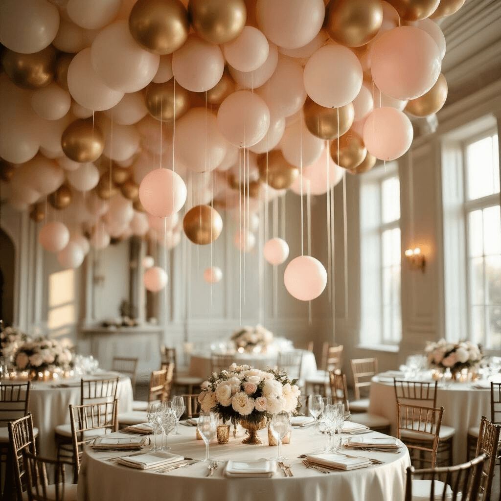 How to Attach Balloons to Ceiling Without Damage: 7 Methods That Actually Work A wide-angle view of an elegant ballroom during golden hour, featuring a sophisticated balloon installation in blush pink, cream, and gold hanging from a coffered ceiling, with round tables dressed in silk ivory linens and low floral centerpieces, illuminated by soft natural light streaming through tall windows.