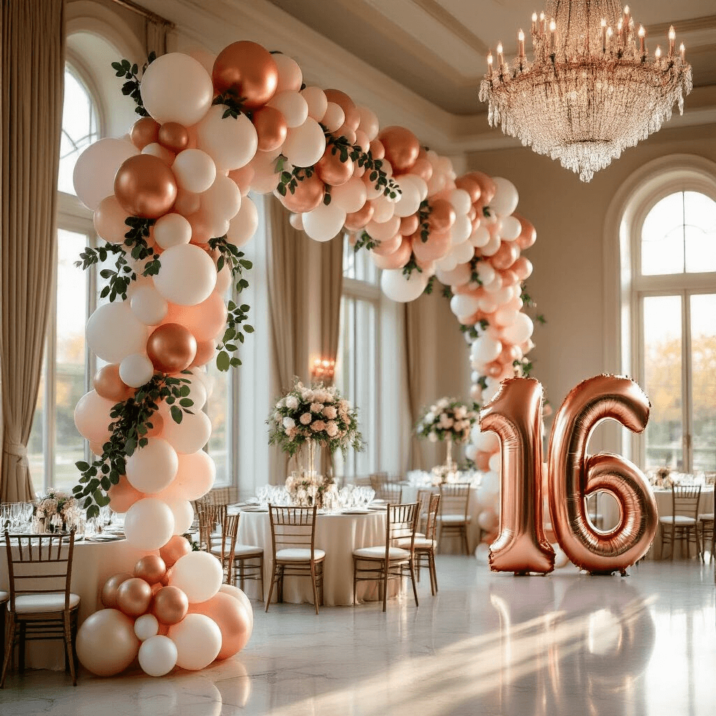 Sweet 16 Balloon Decorations That'll Make Your Teen Actually Thank You A photorealistic wide-angle shot of an elegant indoor ballroom at golden hour, featuring a stunning organic balloon garland in rose gold, white, and blush pink, with eucalyptus greenery. Round tables with ivory silk linens are beneath crystal chandeliers, and warm light streams through tall windows onto marble floors. Giant rose gold '16' balloons near the entrance are surrounded by smaller balloons, with luxurious decor including glass centerpieces, floating candles, and gold-rimmed place settings.