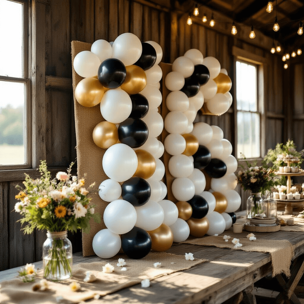 Sweet 16 Balloon Decorations That'll Make Your Teen Actually Thank You Close-up of a rustic barn venue featuring a pearl white and black balloon mosaic spelling '16', set against weathered wood walls with natural sunlight creating dramatic shadows. Wooden farm tables adorned with burlap runners and mason jar wildflower centerpieces, string lights above, and decorative tiered cake stands and vintage bottles capture the rustic ambiance.