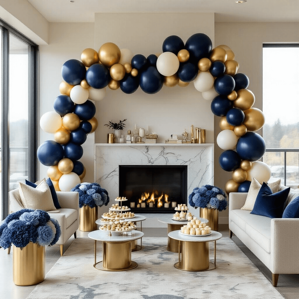 Sweet 16 Balloon Decorations That'll Make Your Teen Actually Thank You A stylish modern apartment living room decorated for a celebration with navy, gold, and cream balloon arrangements, featuring an asymmetrical balloon garland over a contemporary fireplace, abundant morning light, and elegant dessert displays on low coffee tables.
