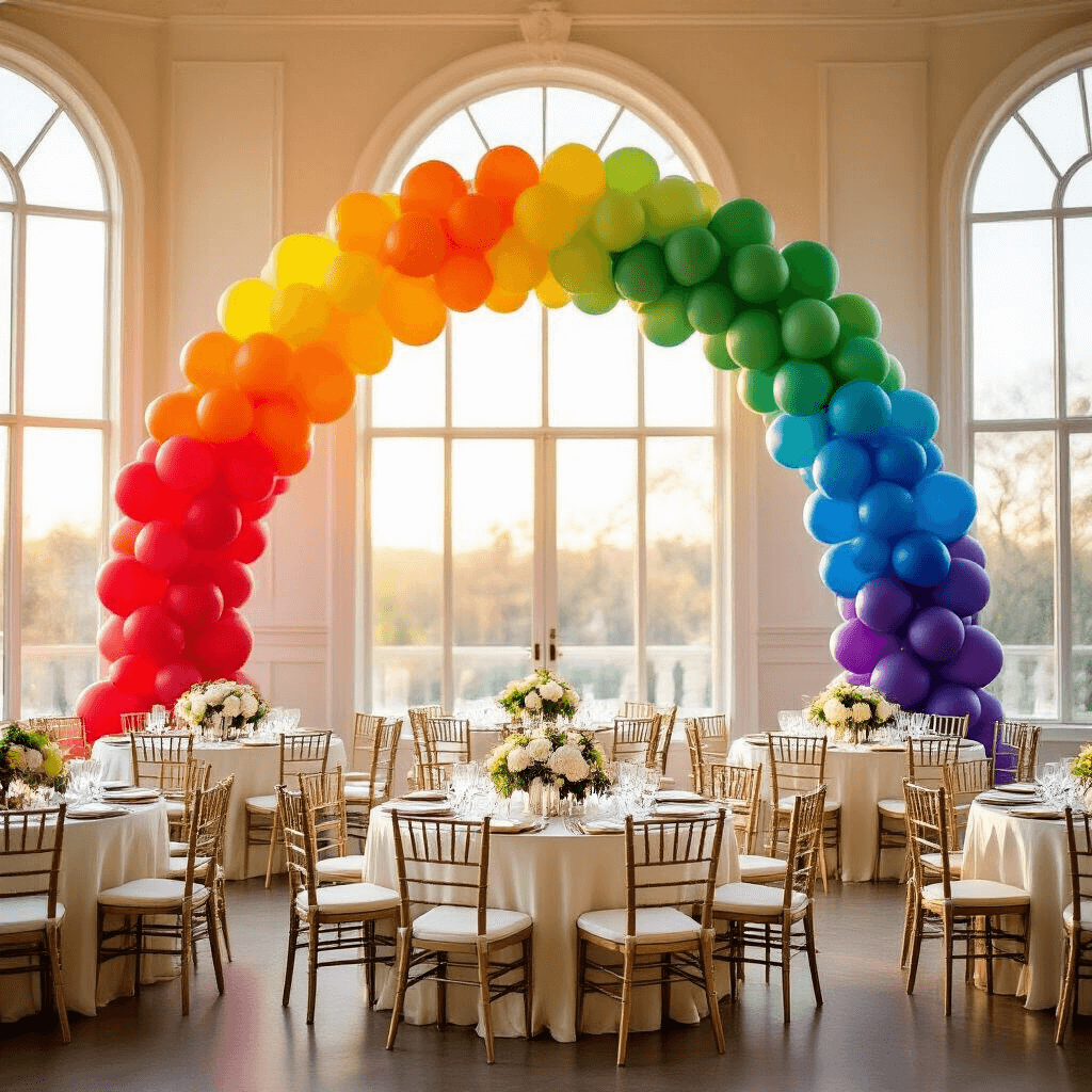 Rainbow Balloons: Everything You Need to Transform Your Space with Color Elegant indoor ballroom with a stunning rainbow balloon arch, ivory table linens, and gold chiavari chairs, illuminated by soft golden hour light, as guests mingle beneath the colorful installation.