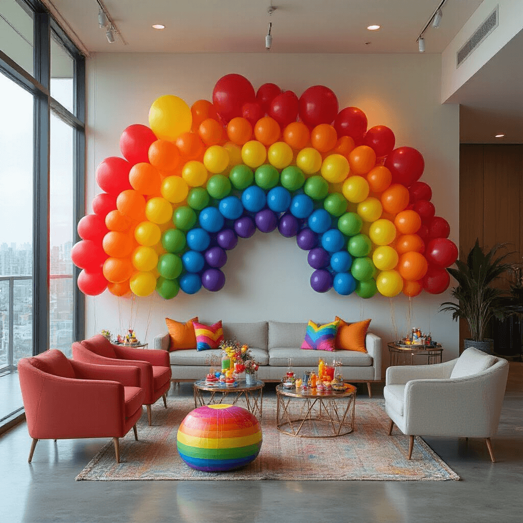 Rainbow Balloons: Everything You Need to Transform Your Space with Color Overhead flat lay of a modern apartment living room decorated for Pride with vibrant rainbow balloons, sleek furniture pushed aside, and colorful party favors, illuminated by natural light from floor-to-ceiling windows.