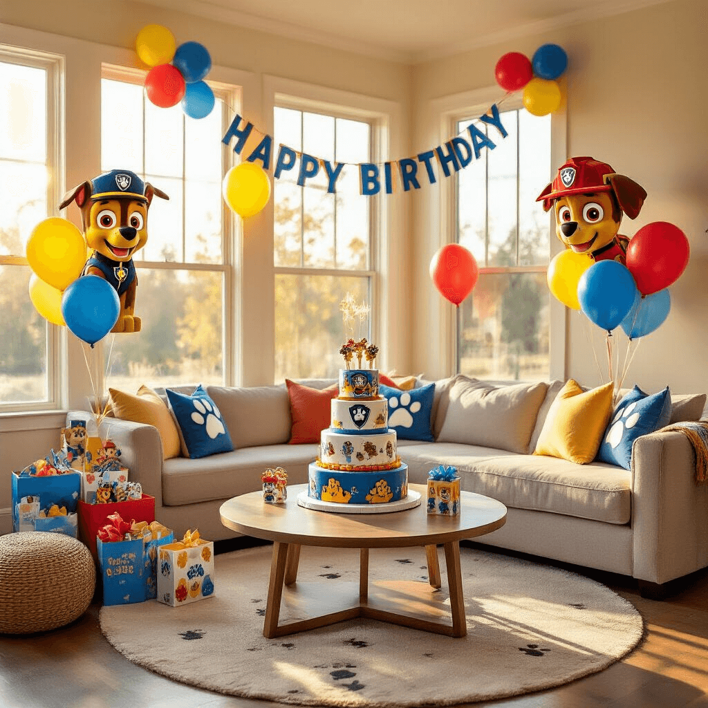 Where to Buy Paw Patrol Balloons: Every Format, Size, and Shopping Spot You Need to Know Wide-angle shot of a vibrant Paw Patrol birthday celebration in a cozy living room with sunlight streaming through windows, featuring a three-tier cake, character balloons, layered garlands, and a 'Happy Birthday' banner above a sectional sofa.