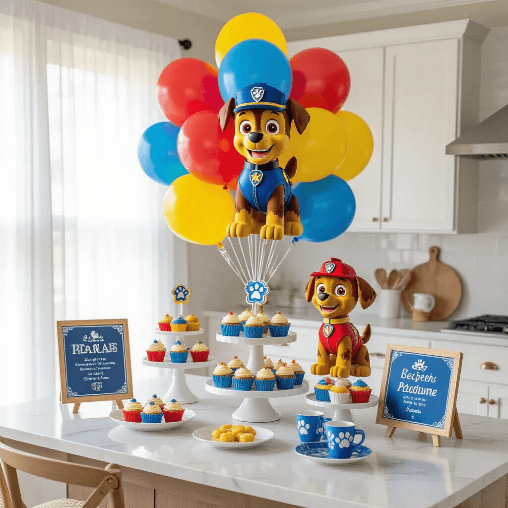 Where to Buy Paw Patrol Balloons: Every Format, Size, and Shopping Spot You Need to Know Overhead flat lay of an elegant Paw Patrol dessert table in a modern kitchen, featuring a marble countertop adorned with jumbo Chase and Marshall balloons, cupcakes on tiered stands, and coordinating blue, red, and yellow decor under soft morning light.