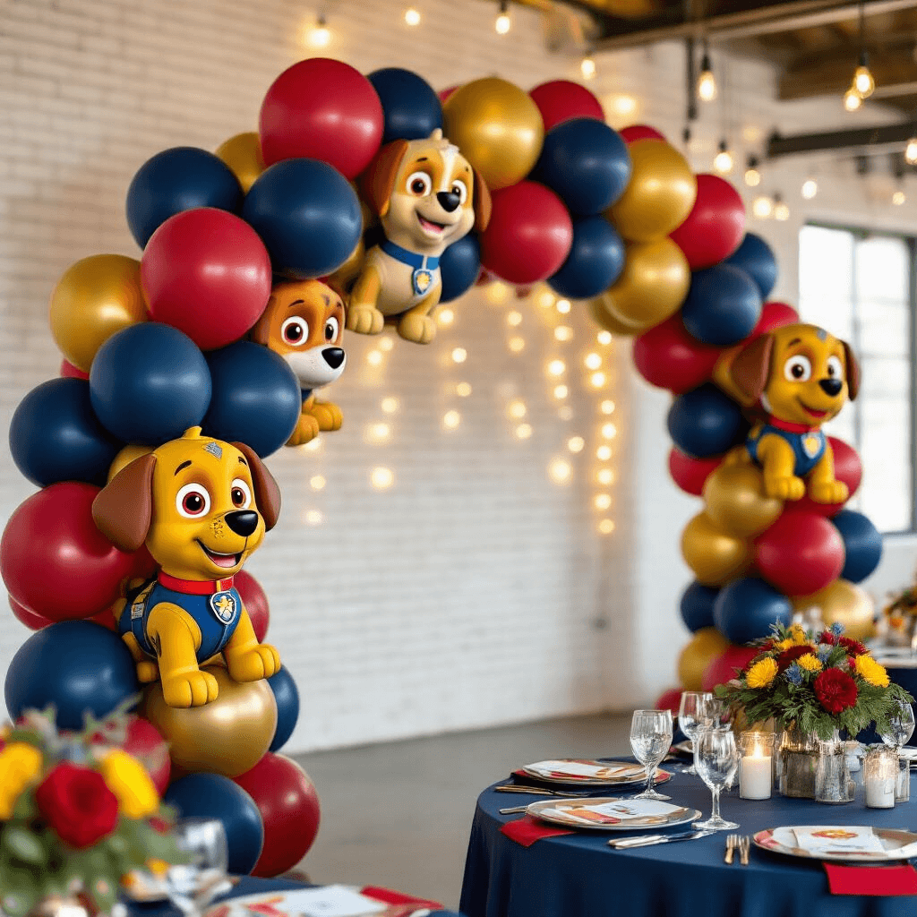 Where to Buy Paw Patrol Balloons: Every Format, Size, and Shopping Spot You Need to Know Close-up of a Paw Patrol balloon arch installation in a party venue, featuring a mix of navy blue, crimson red, and golden yellow matte latex balloons, interspersed with metallic foil character balloons, illuminated by soft candlelight and string lights, with Paw Patrol themed table settings in the foreground.