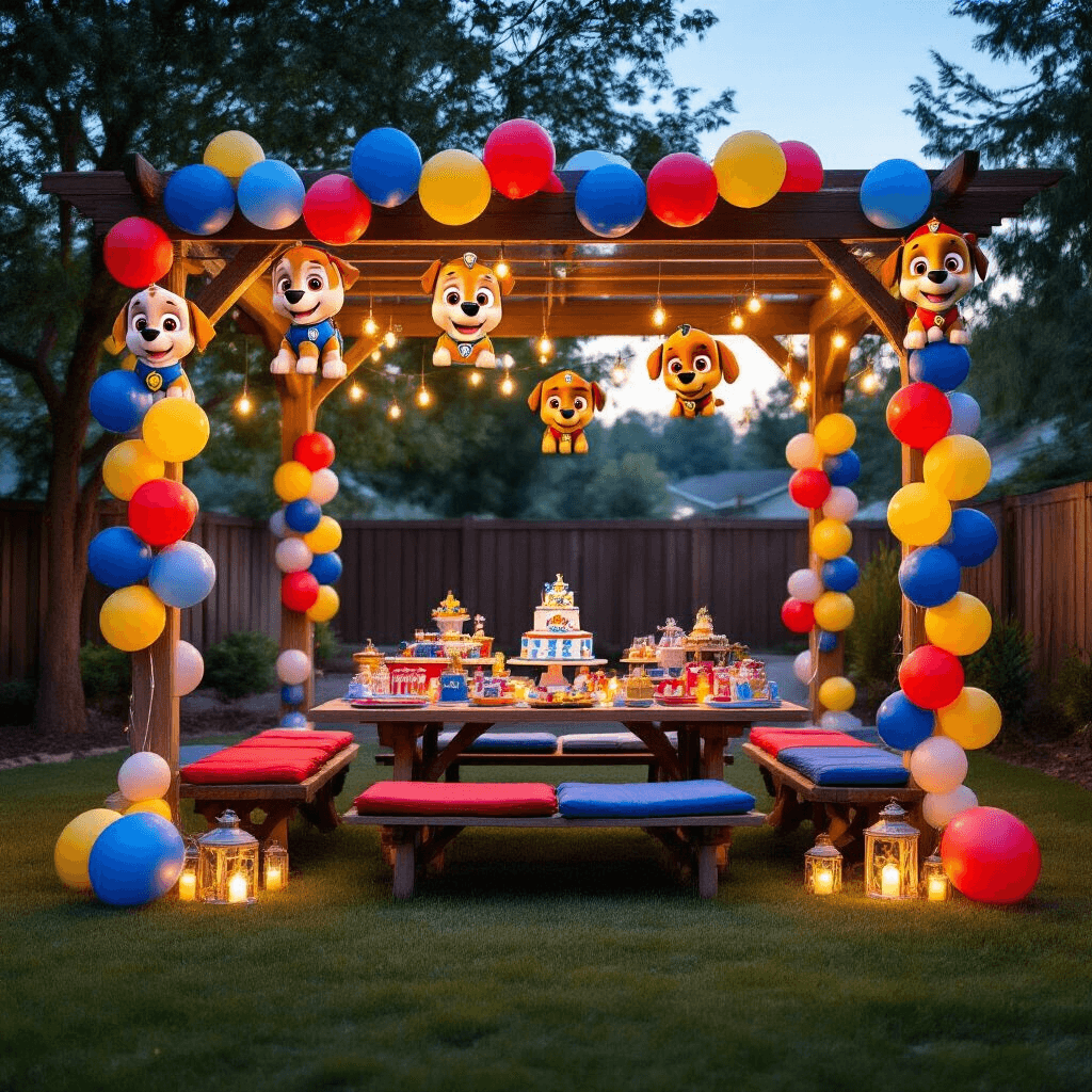 Where to Buy Paw Patrol Balloons: Every Format, Size, and Shopping Spot You Need to Know Cinematic wide shot of a backyard Paw Patrol celebration at twilight, featuring a decorated pergola with balloon installations, a rustic picnic table setup, string lights, and a themed party atmosphere.