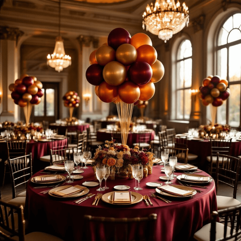Balloons Over Broadway Elegant indoor ballroom set for a luxurious 1920s-inspired Thanksgiving celebration, featuring rich burgundy silk-draped tables, sophisticated balloon centerpieces, gold-rimmed ceramics, crystal chandeliers, and atmospheric decor that evokes nostalgic warmth during golden hour.