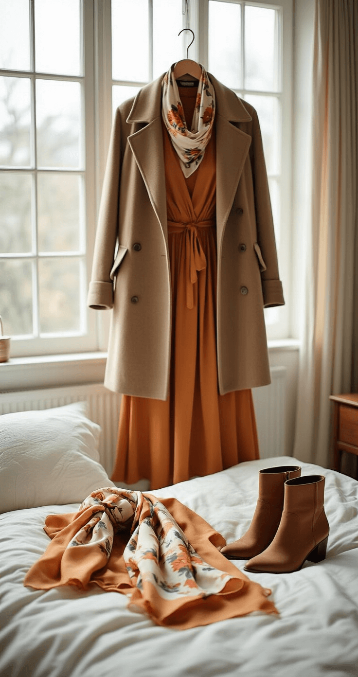 Wedding Guest Makeup With Brown Eyes: The Colors That'll Make You Look Stunning A cozy minimalist bedroom with soft natural light featuring a bed displaying a flowy midi dress in warm autumn colors, a structured wool coat, a vintage floral silk scarf, and suede ankle boots, all styled with a sense of calm elegance.