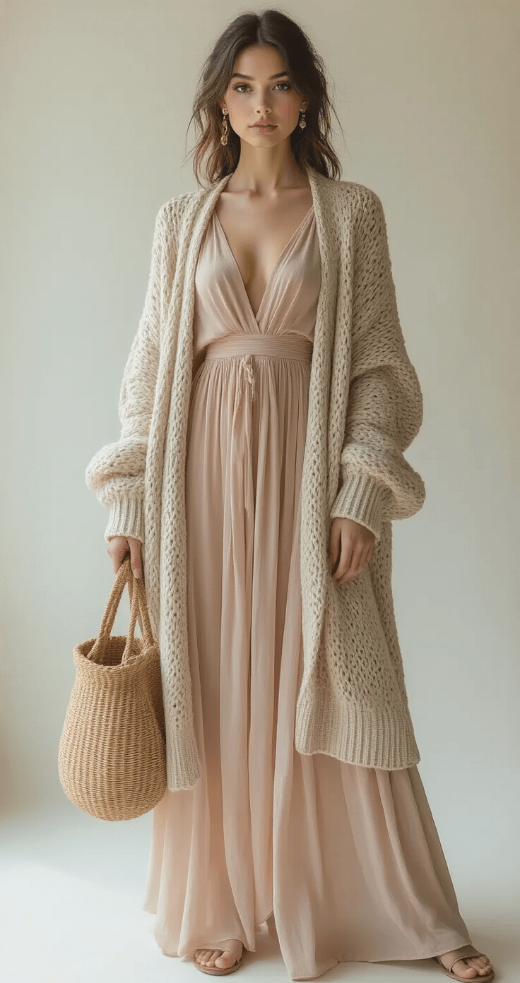 Wedding Guest Makeup With Brown Eyes: The Colors That'll Make You Look Stunning A model poses in a bright, airy studio wearing a flowing pastel maxi dress and an oversized neutral knit cardigan, complemented by a woven tote bag and simple stud earrings, set for a fashion photoshoot.