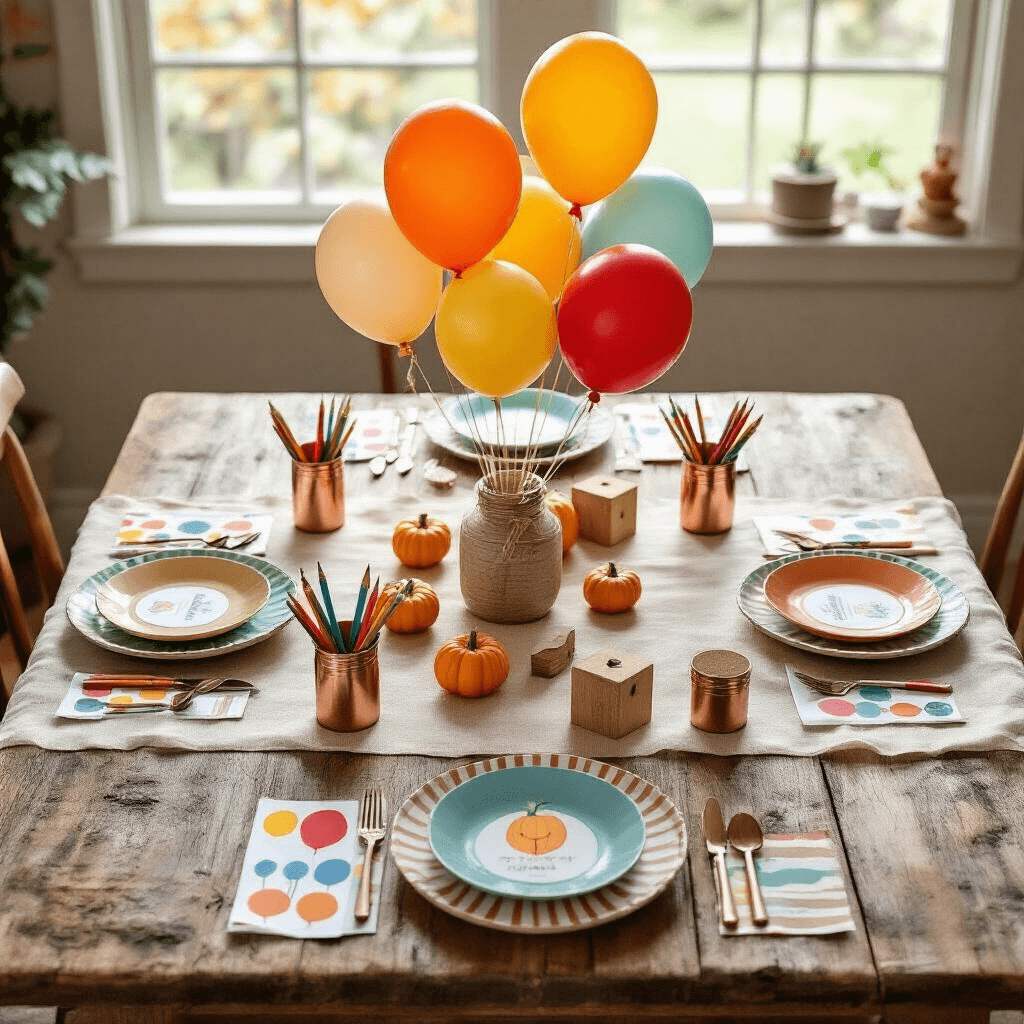 Balloons Over Broadway Overhead flat lay of a whimsical balloon-themed children's Thanksgiving dining nook with a rustic wood table, vibrant balloon cutouts, low helium balloon centerpieces, colorful ceramic place settings, craft supplies in mason jars, and fresh sunflowers, all bathed in soft morning light.