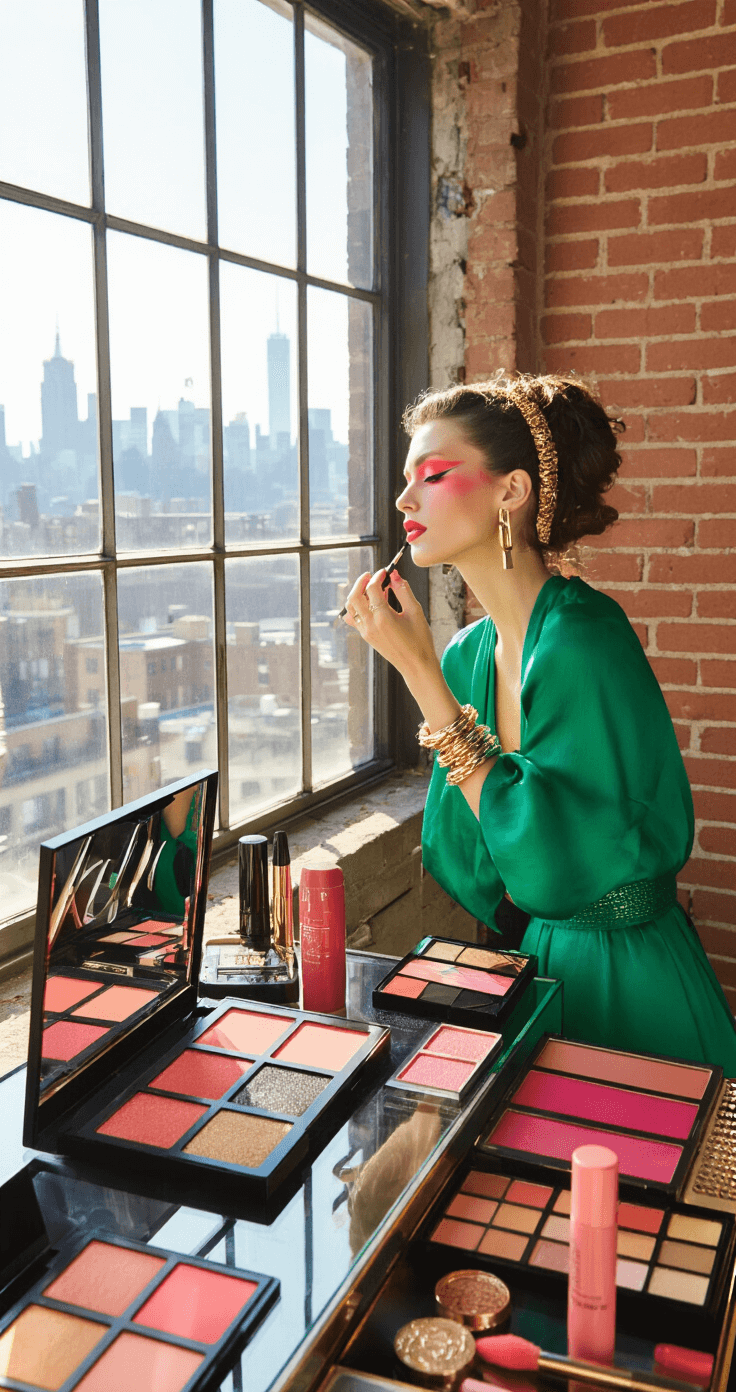 Wedding Guest Makeup Ideas That'll Keep You Looking Fresh All Night Long A confident woman in an emerald green midi dress experiments with coral eyeshadow at an industrial-style vanity in a trendy urban loft, showcasing colorful makeup tools and palettes against exposed brick walls, with city rooftops visible through a large window.