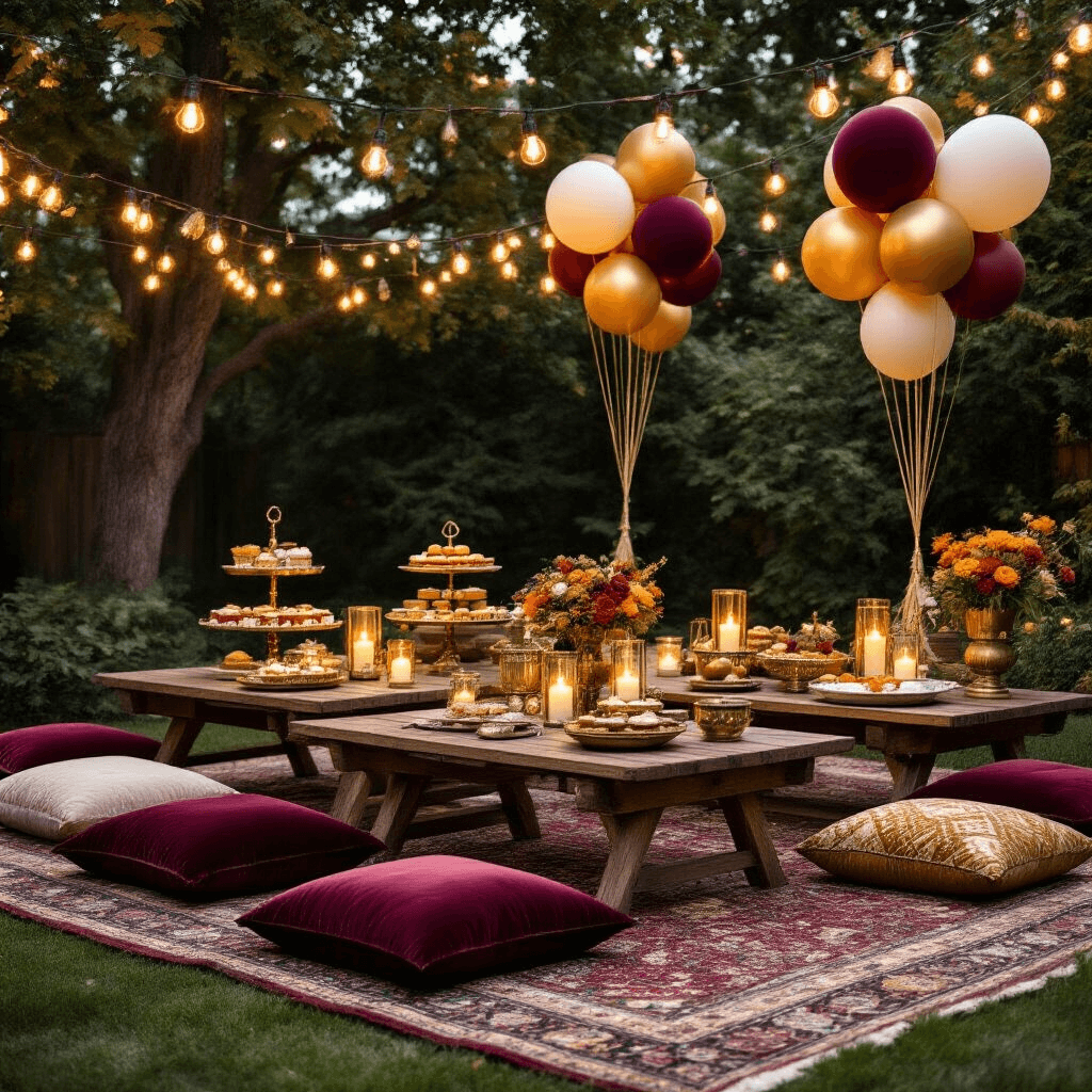 Balloons Over Broadway A stylish backyard picnic setup featuring low wooden tables with velvet floor cushions in rich hues, adorned with autumn-themed treats on tiered dessert stands. Vintage balloons float above, surrounded by Persian rugs, brass serving trays, and clusters of pillar candles. Warm copper fairy lights drape through tree branches, creating a magical ambiance in a color palette of terracotta, sage green, and gold.