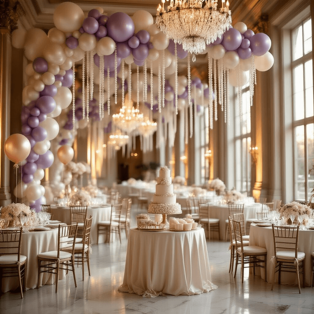 Pearl Balloons: Everything You Need to Know About These Elegant Party Essentials Elegant indoor ballroom decorated for a sophisticated celebration with pearl balloon garlands, a luxurious dessert table, round tables with silk linens, and illuminated by golden hour light and crystal chandeliers.