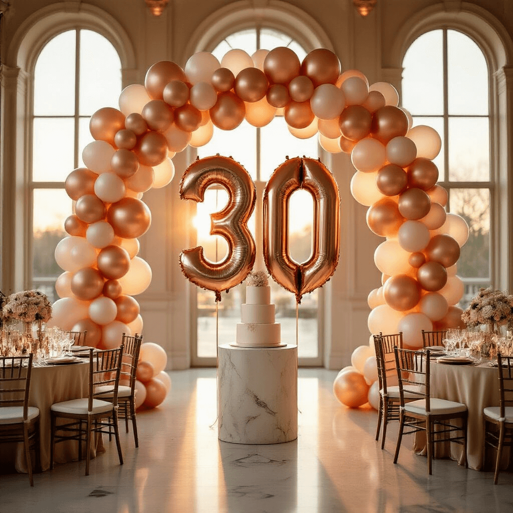 30th Birthday Balloons: Your Complete Guide to Nailing This Milestone Celebration Elegant indoor ballroom bathed in golden hour light, featuring a rose gold and ivory balloon arch, towering '30' mylar balloons, a three-tiered ivory cake, round tables with silk champagne linens, and delicate floral arrangements of white roses and eucalyptus, framed by sheer ivory drapery.