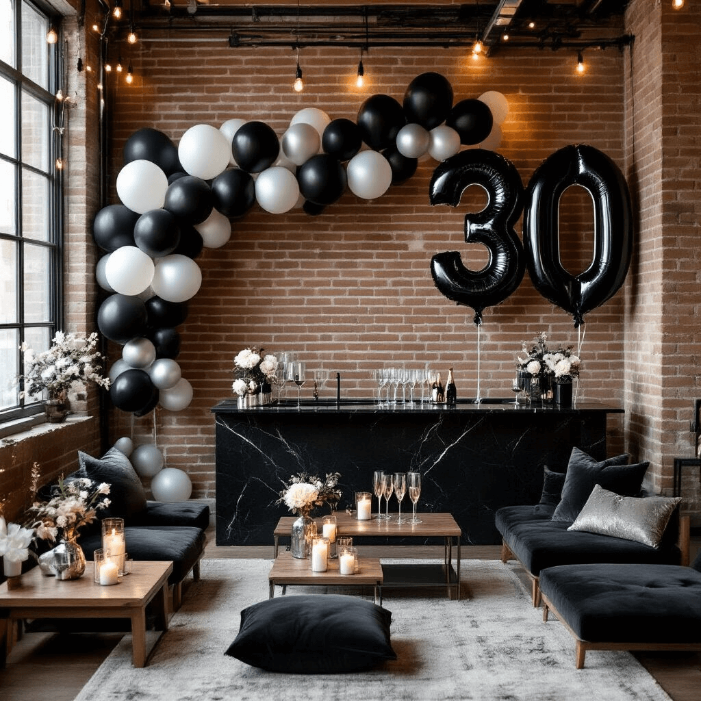 30th Birthday Balloons: Your Complete Guide to Nailing This Milestone Celebration Intimate modern apartment living room styled for a 30th birthday celebration, featuring black and white balloon garlands against exposed brick walls, giant '30' balloons, a sleek black marble bar cart, cozy floor seating with velvet cushions, and warm candlelight accents.