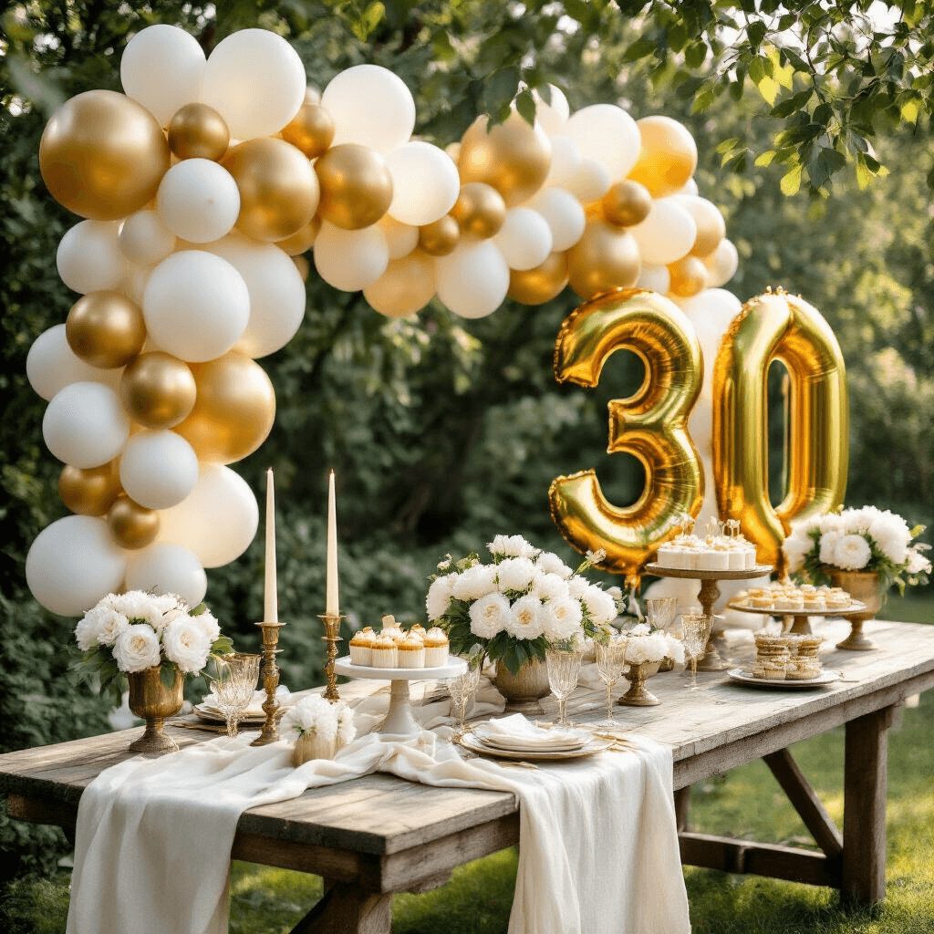 30th Birthday Balloons: Your Complete Guide to Nailing This Milestone Celebration Close-up of an elegant outdoor garden party setup featuring gold and white balloon arrangements, a rustic wooden table with ivory linen, vintage brass candlesticks, and a dessert display, all surrounded by lush greenery and soft morning light.