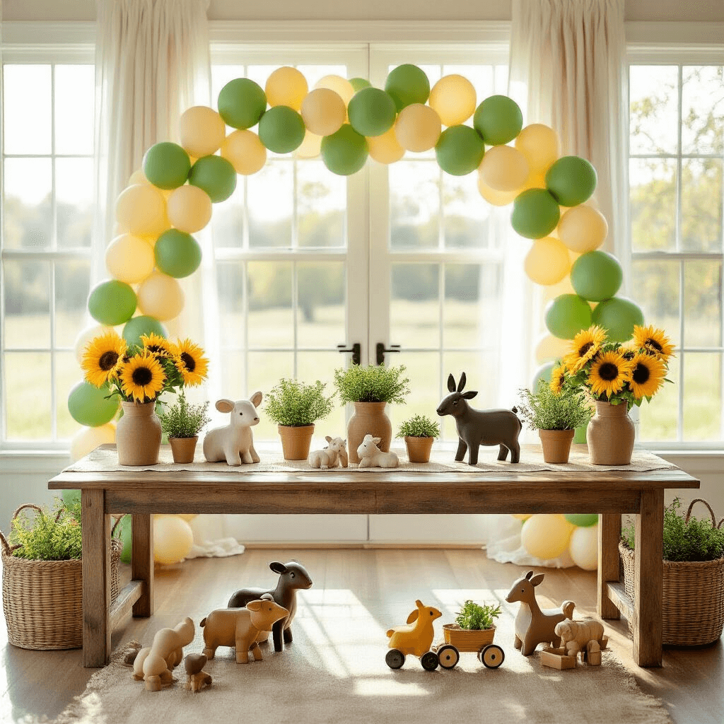 House of Party Kits: Why I'm Ditching the DIY Disaster for Ready-Made Party Magic A beautifully arranged farm-themed third birthday party in a bright living room, featuring a rustic wooden coffee table with animal cutouts, balloon garlands, potted herbs, and sunflowers in mason jars, set against a backdrop of elegant balloon arches and vintage bunting.