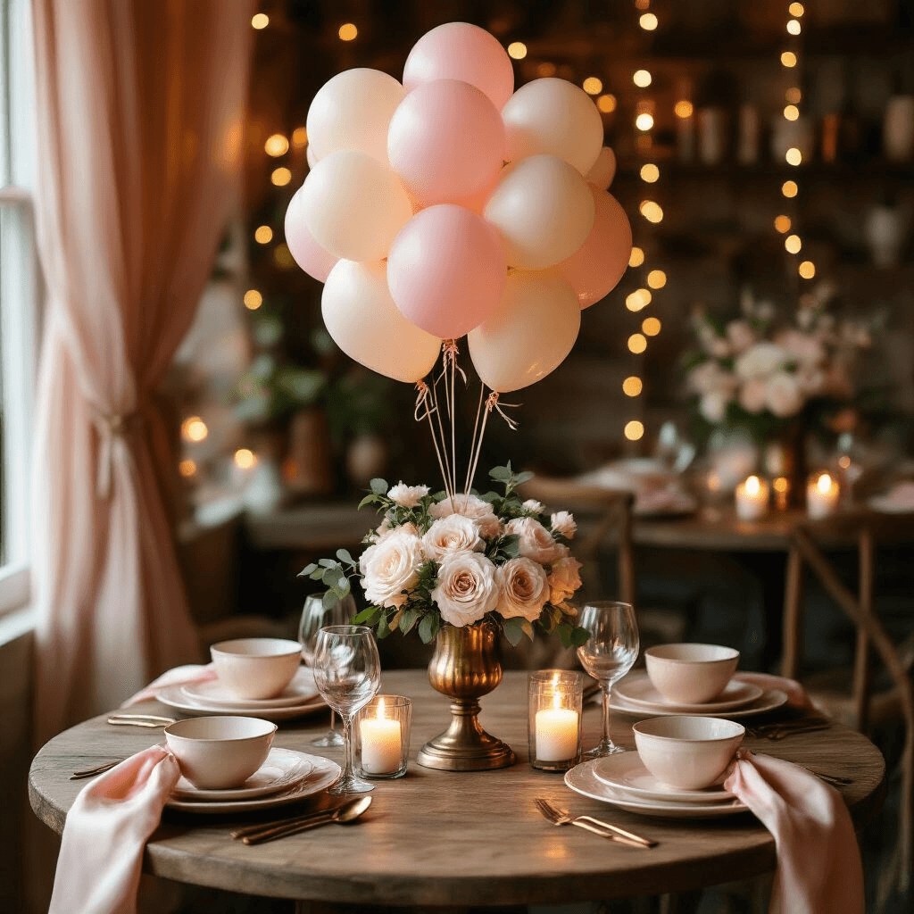 House of Party Kits: Why I'm Ditching the DIY Disaster for Ready-Made Party Magic An intimate birthday celebration in a warm candlelit dining nook, featuring a reclaimed wood table with blush pink and cream balloon centerpiece, soft pink silk napkins, cream ceramic plates, rose gold flatware, pillar candles in glass hurricanes, and floral arrangements in vintage mason jars, all enhanced by sheer curtains and fairy lights creating a cozy atmosphere.