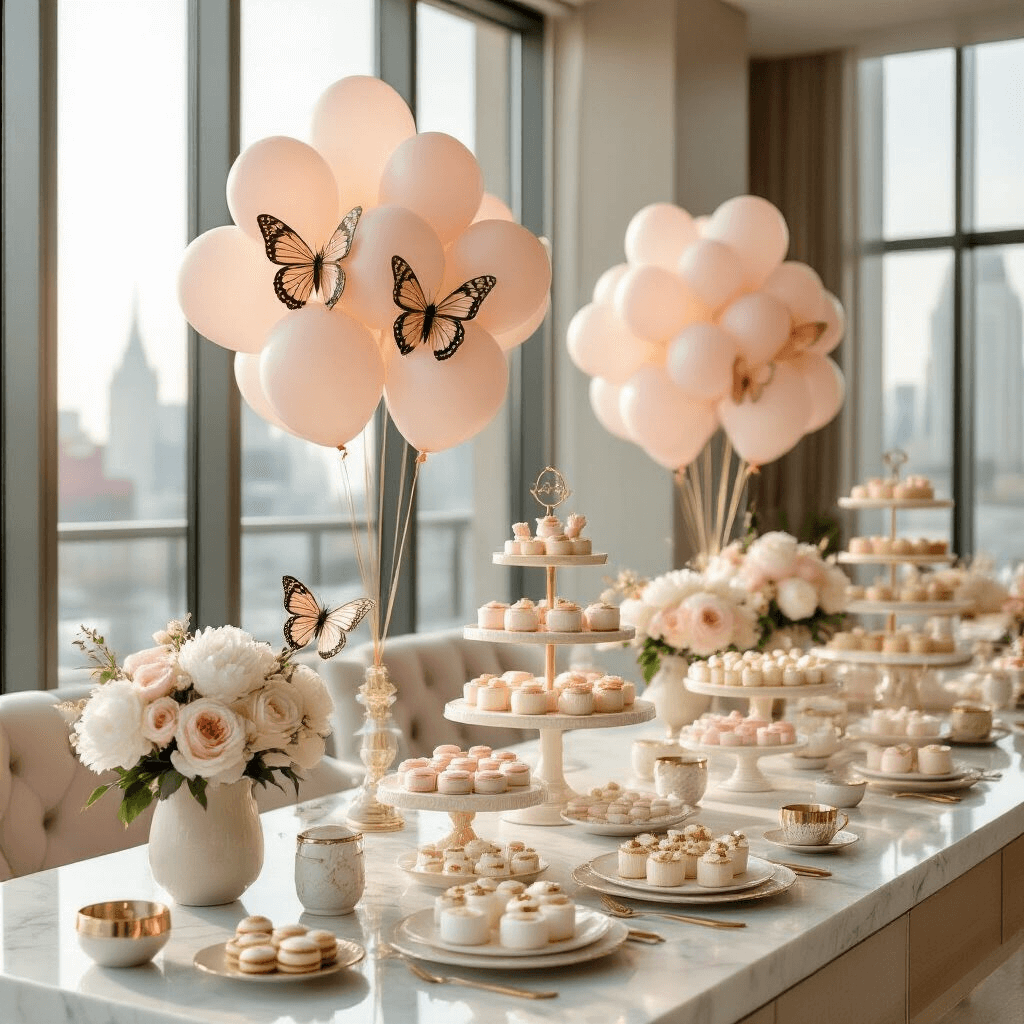 Butterfly Balloons: Everything You Need to Know About Adding Flutter and Magic to Your Next Celebration A sophisticated baby shower in a modern apartment, featuring elegant marble countertops, contemporary furnishings, and soft morning light. Delicate pastries on a dessert cart are adorned with butterfly balloon bouquets in soft pink and champagne tones. Centerpieces of white peonies and 18-inch butterfly balloons complement blush pink, cream, and gold accents throughout the decor. Gold-rimmed glassware and cream upholstered chairs with gold pillows enhance the luxe atmosphere.