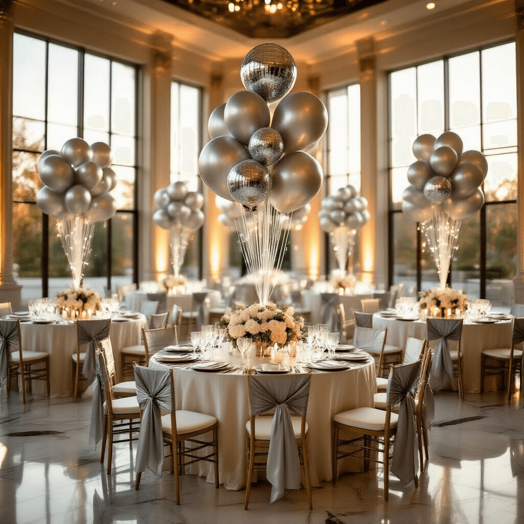 Silver Balloons: Everything You Need to Transform Your Party Space A luxurious indoor ballroom at golden hour, featuring elegant round tables with cascading silver foil balloon centerpieces and white peonies, draped in ivory silk linens with silver charger plates. Twenty-two inch silver disco ball balloons float above, casting reflections on marble floors. The scene includes tiered silver balloon arrangements, fairy lights intertwined with silver ribbon, and chairs adorned with silver satin sashes, framed by a dramatic ombre balloon arch in metallic and chrome silver tones.