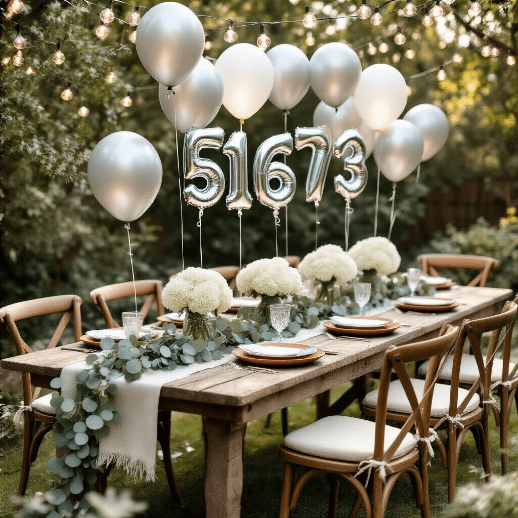 Silver Balloons: Everything You Need to Transform Your Party Space An overhead view of an intimate garden party featuring a rustic wooden table set with terracotta dinner plates, natural linen runners, and adorned with eucalyptus garlands and silver confetti balloons. Mason jars filled with white hydrangeas act as centerpieces, complemented by silver number balloons marking milestone ages, surrounded by vintage wooden chairs. String lights create a magical atmosphere, while geometric crystal-shaped silver balloon weights and scattered silver foil stars enhance the festive setting.